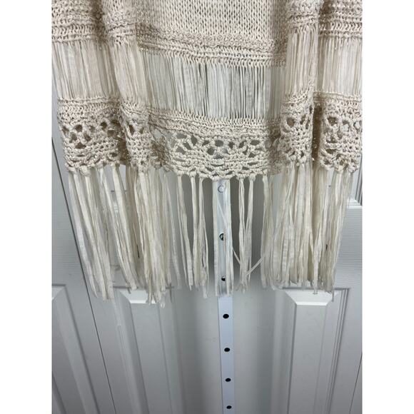 FANG Crochet Fringe Vest Boho Festival Hippie Beige Open Knit Sleeveless Top - Picture 3 of 6